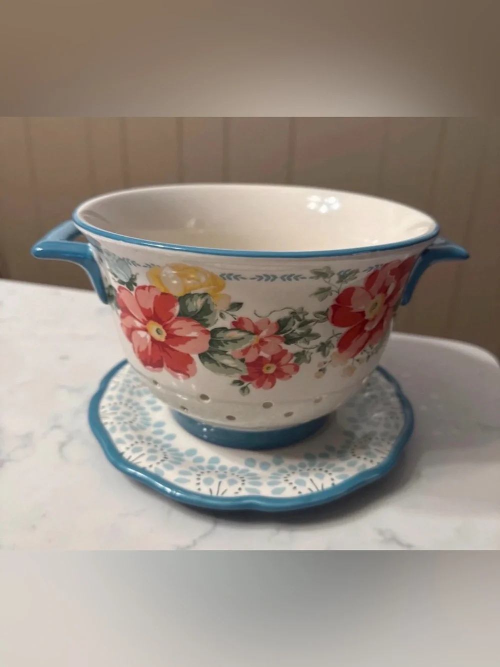 Pioneer Woman Ceramic Colander Strainer & Drip Plate Flea Market Pattern